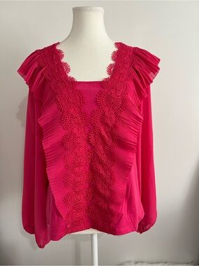Fuchsia Lace-Trim Pleated Long Sleeve Blouse